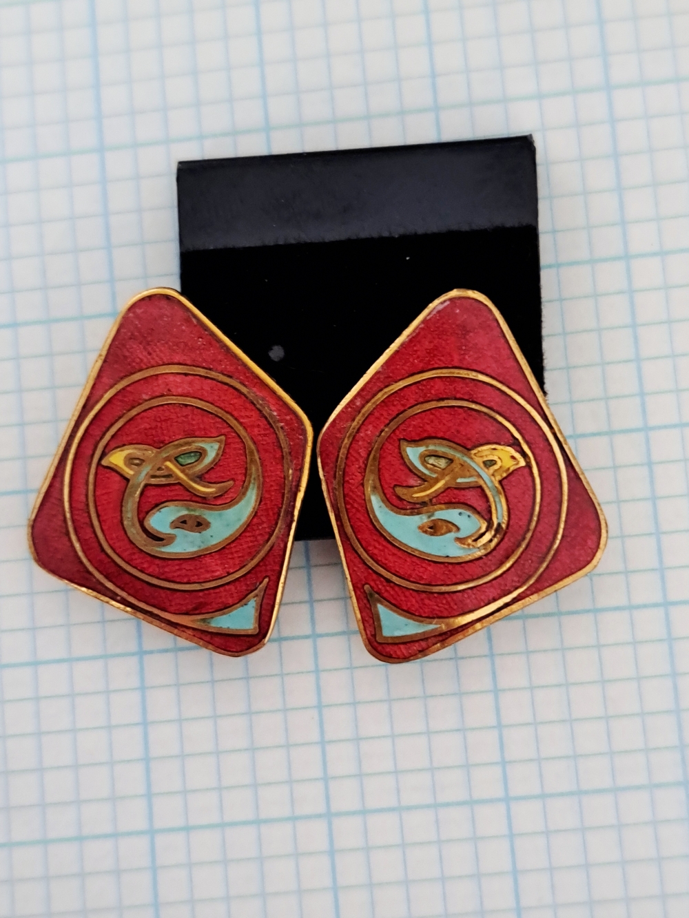 Red and Turquoise Whale Fish Cloisoinne Enamel Statement Clip-On Earrings